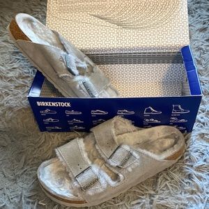 Birkenstock fur-lined gray leather sandals worn one time and just don’t like.